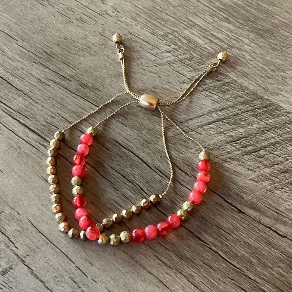 Gold Beaded Adjustable Bracelet with Coral Beads